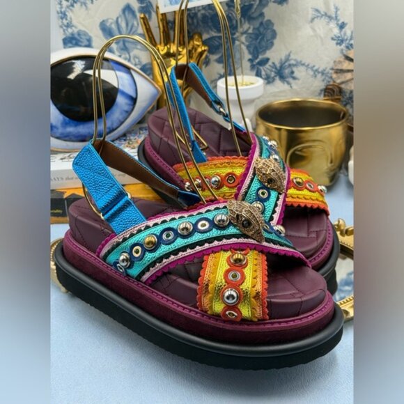 🆕 KURT GEIGER LONDON 🧿 NWOB Orson Cross Scallop Sandal Purple Multi Sz 37 US 7 - Picture 8 of 14